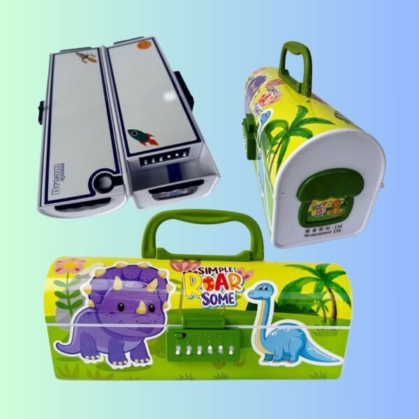 MSGH Kids Pen & Pencil Box Suitcase Style Password Lock Pencil Case with Mirror, Multifunctional Pen Holder for Boys & Girls (Simple Roar Some)