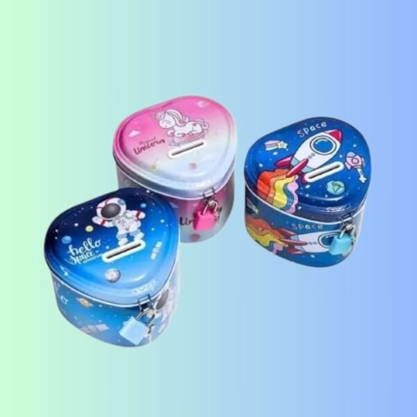 Space and Unicorn Themed Metal Heart Shape Piggy Bank Gullak for Kids Boys & Girls with Lock and Key, Coin Savings Box for Gifting (Pink)