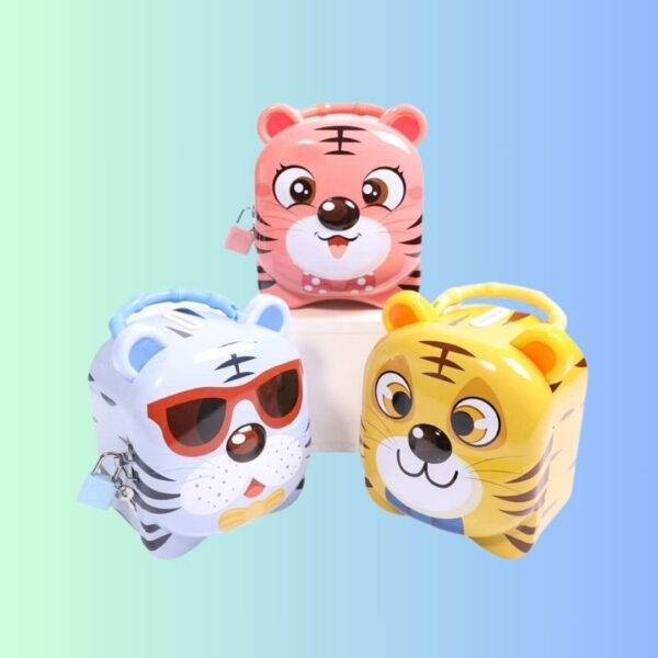 WingsCreations Tiger Theme Money Bank Coin Saving Tin Coin Bank with Lock Piggy Bank Birthday Return Gift for Kids, Boys and Girls Multicolor Best Return, Diwali, Kanjak, Christmas Gift 1 Piece