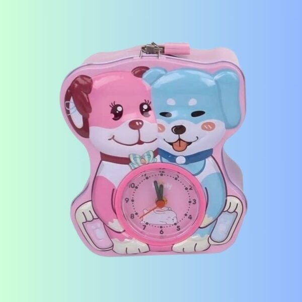 TEMSON 2 in 1 Metal Coin Box and Alarm Clock - Table Alarm Clock with Piggy Bank/Coin Box/Metal Coin Bank for Kids/Money Bank with Key and Lock/Birthday Return Gift (S-244) (Pink)