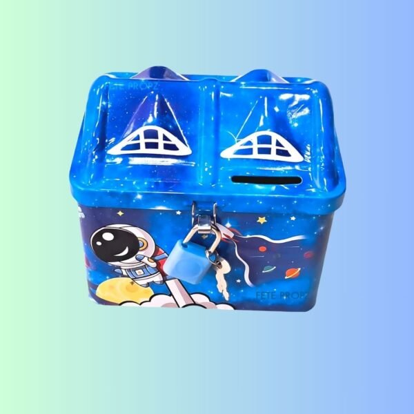 FETE PROPZ Piggy Bank for Kids |Space Money Saving Tin Coin Bank with Lock and Key – Birthday Return for Boys & Girls, Money Bank, Coin Box for Kids, Metal Coin Box for Kids (Space)