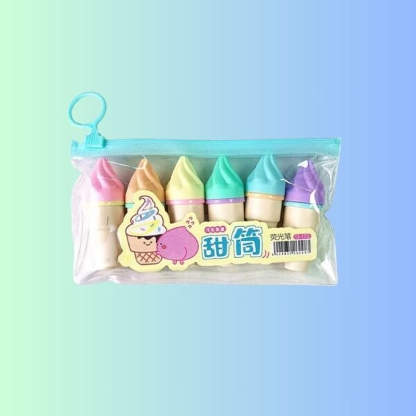NNS Durable Plastic Set of 6 Pcs Colourful Softy Ice Cream Marker/Highlighter Pen Stationery Pouch Set Ideal for Gifting Kids and Childrens Birthday (Multicolor)