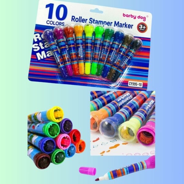 SHAKTISM Roller Stamp Marker Pens for Kids, 2 in 1 Roller Stamper Pens, Multicolour, Birthday Return Gifts, Stationery (Roller Stamp Marker-10Pcs)