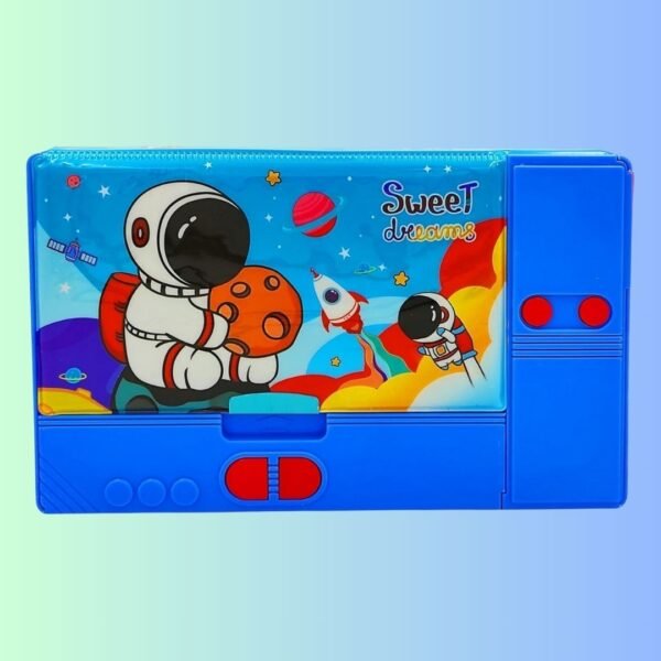 New Space Theme Jumbo Pencil Box|Double Sided with 6 Hidden Push Button Pockets| Space Theme Art Plastic Pencil Box (Set of 1, Blue)