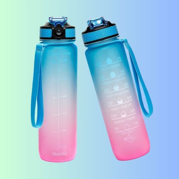 Water Bottle 1L with Time Marker Straw Strainer Tritan BPA Free for Fitness Gym Outdoor Sports By MahMir (Blue)