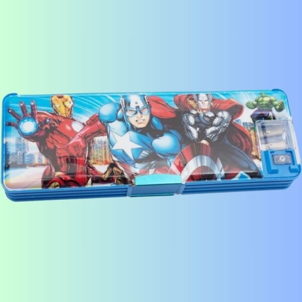 KNOB Stationery Travel Bus Shape Double Decker Metal Geometry Box Blue Color | Moveable Wheels and Two Comartments Thread Bus Style Multicolor (Thread Bus Blue Geometry) Pack of 1