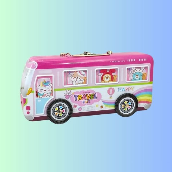 Kidora Metal Triple Layer Bus Pencil Box, School Bus Pencil Box For Girls, Stylish School Bus Geometry Box, School Supplies For Girls, Birthday Return Gifts For Kids (Pink)