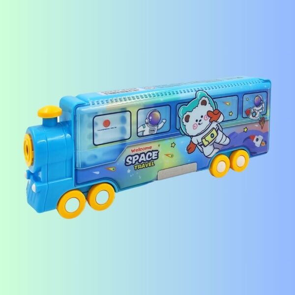 poksi Kids Train Shape Pencil Box With Space Theme | Sturdy Movable Wheels | Toy Train Unicorn Pencil Box | Inbuilt Sharpener Art Plastic Pencil Box (Set Of 1, Blue)