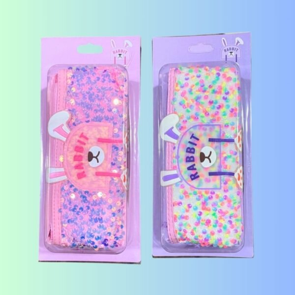 Cute Rabbit Glitter Pouch with Dual Compartments – Large Capacity & Blister Packed | Perfect for Kids & Teens | Pack of 2 Pouches | Pink & Purple