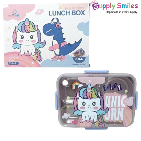 Unicorn & Dino Stainless Steel Lunch Box – 4 Compartments | 850ml | Cute Kids Bento Tiffin